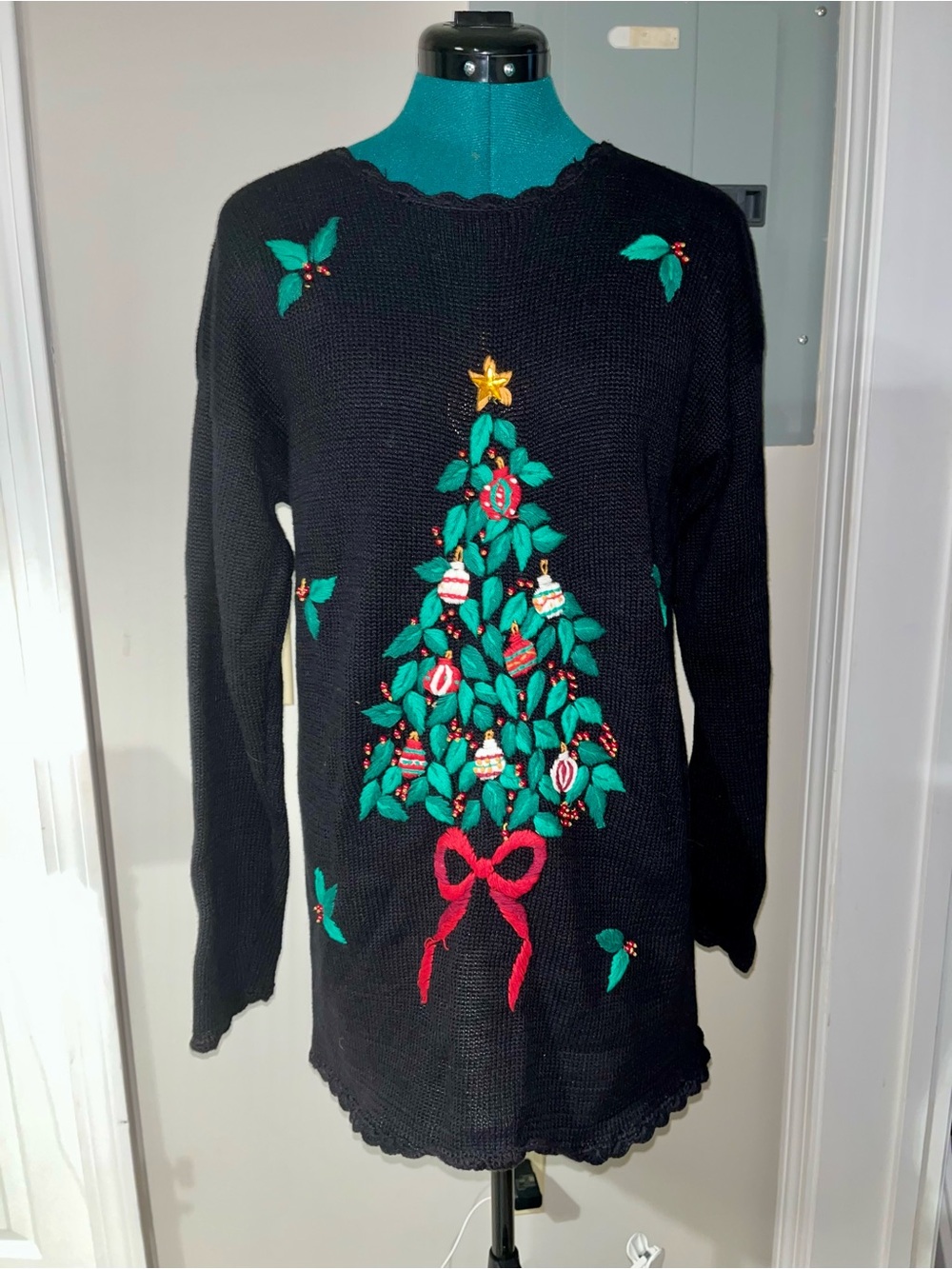 Vintage Black Holiday Christmas Tree Knit Sweater with Green Embroidery